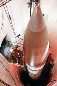 US Minuteman III missile inside a silo, near Grand Forks Air Force Base. Each missile carries up to three nuclear warheads